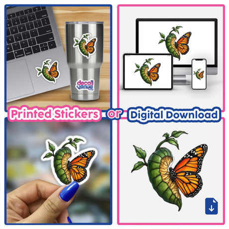 Stained Glass Butterfly Emerging Clipart with Commercial Rights & Sticker shown on various items like a laptop, cup, and phone, highlighting its versatility as a sticker or digital download.