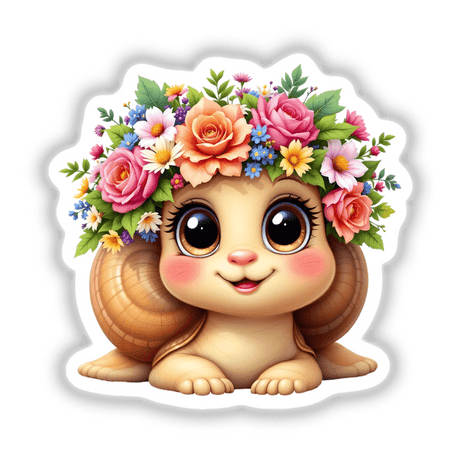 Cute Snail with a Springtime Flower Crown, showcasing a cartoon snail adorned with vibrant flowers, ideal as a sticker or digital art for nature enthusiasts.