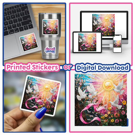 Collage of a laptop displaying Pink Ribbon with Doves and Sun Rays Mosaic, available as stickers or digital artwork. Close-ups include a sunflower, a finger, and a hand holding a mosaic picture.