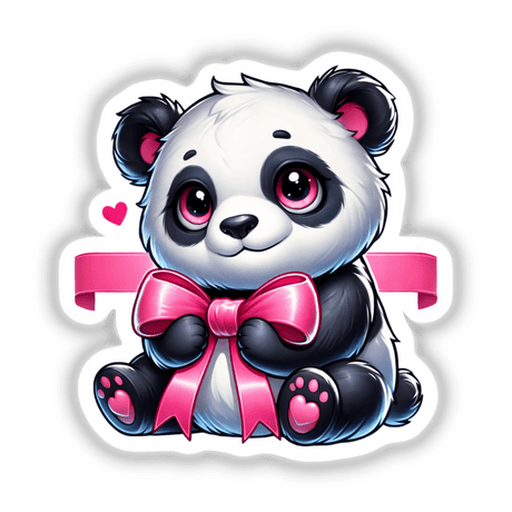 Cute Panda Holding Pink Ribbon sticker or digital artwork, featuring a cartoon panda bear embracing a pink ribbon. Ideal for adding charm and personality to various surfaces or digital projects.