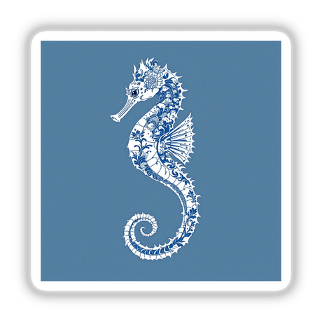 Chinoiserie Seahorse: A detailed blue and white seahorse design available as stickers or digital artwork, showcasing intricate patterns, perfect for unique decor from Decal Venue.