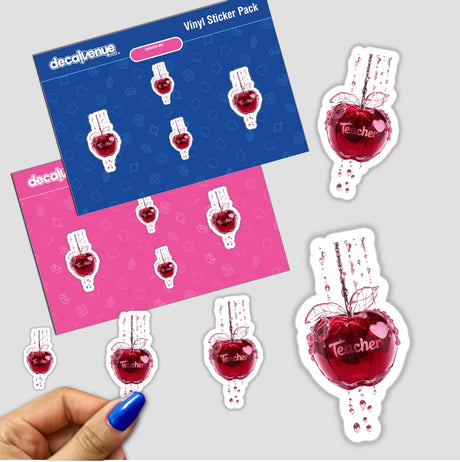 Vibrant teacher-themed crystal apple stickers displayed on a product card for the Decal Venue store. The stickers feature a textured glittery apple shape with "Teacher" text, showcasing a unique and eye-catching design.