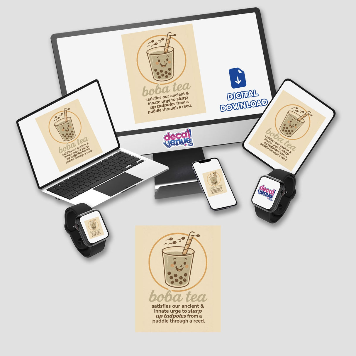 Funny Boba Tea Sticker or Clipart with Commercial Rights featuring a computer monitor, laptop, phone, and smartwatch displaying humorous bubble tea designs, available as stickers or digital artwork.