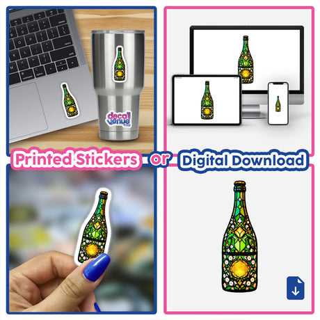 Champagne Bottle Stained Glass Style sticker, showcasing a vibrant stained glass design with floral motifs. Ideal for unique decor, available as stickers or digital artwork from Decal Venue.