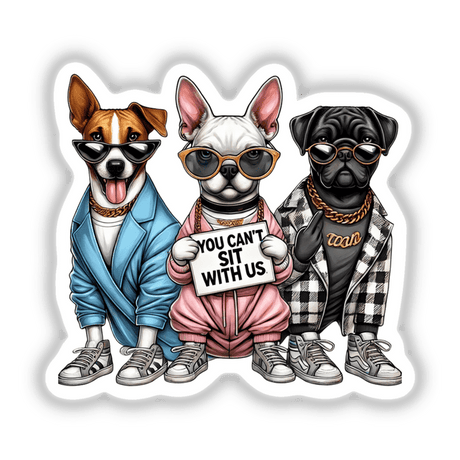 A group of trendy cartoon dogs wearing stylish outfits and sunglasses, part of the Trendy Pooches Dogs You Can’t Sit With Us collection, available as stickers or digital artwork.