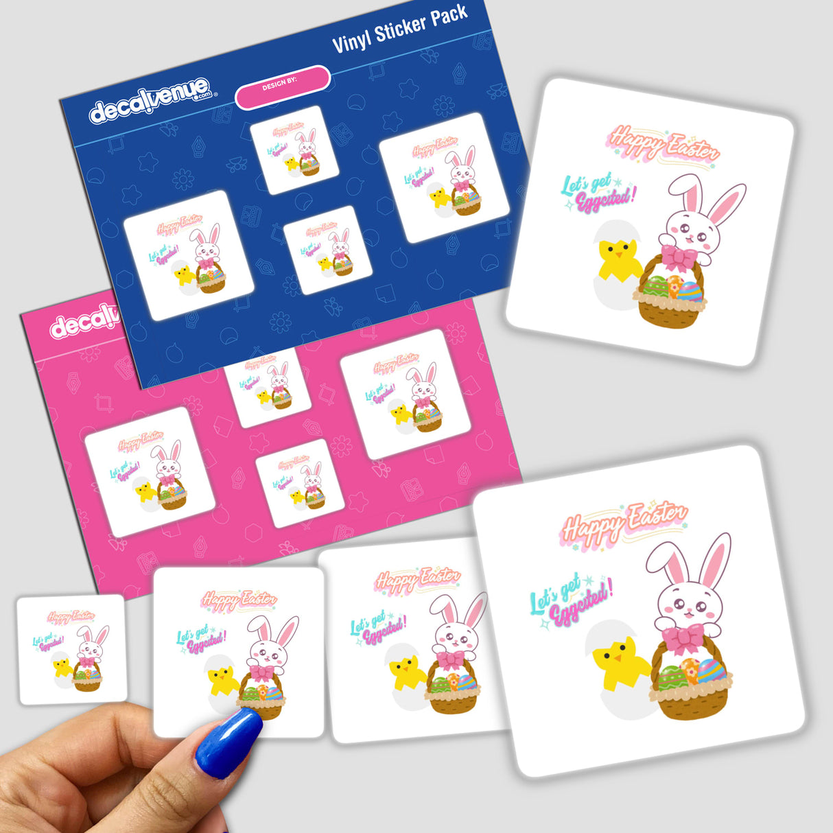 Easter Eggcitement Sticker featuring a cartoon bunny and chick, ideal for adding a whimsical touch. Available as a sticker or digital artwork from Decal Venue.