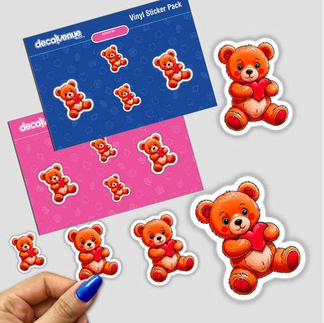 Cute Valentine's Day Teddy Bear stickers featuring cartoon bears holding hearts, available as stickers or digital artwork from Decal Venue, known for unique stickers and digital art.