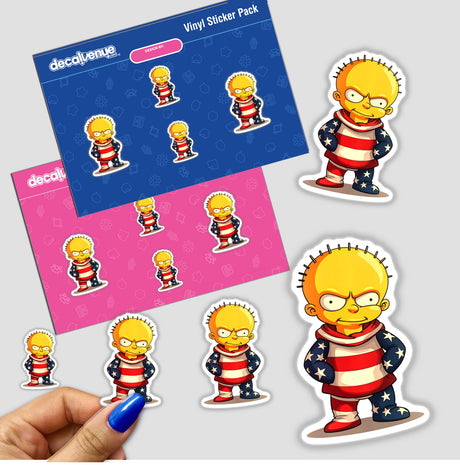 Hand holding a sticker featuring A Funny Guy With An American Flag Outfit, depicting a cartoon character in a red, white, and blue shirt, available as stickers or digital artwork.