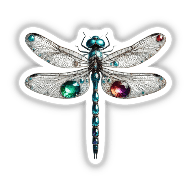Dragonfly Gemstones and Jewels: A detailed depiction of a dragonfly adorned with intricate gems, available as stickers or digital artwork from Decal Venue.