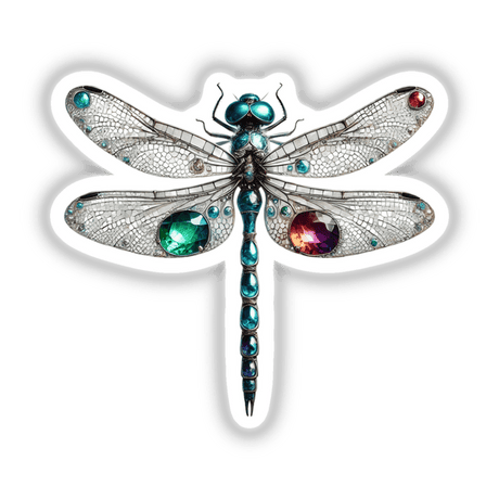 Dragonfly Gemstones and Jewels: A detailed depiction of a dragonfly adorned with intricate gems, available as stickers or digital artwork from Decal Venue.