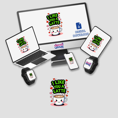 I Like You A Latte Funny Love Quote displayed on screens and devices, featuring a cartoon coffee mug with a face, available as unique stickers or digital artwork from Decal Venue.