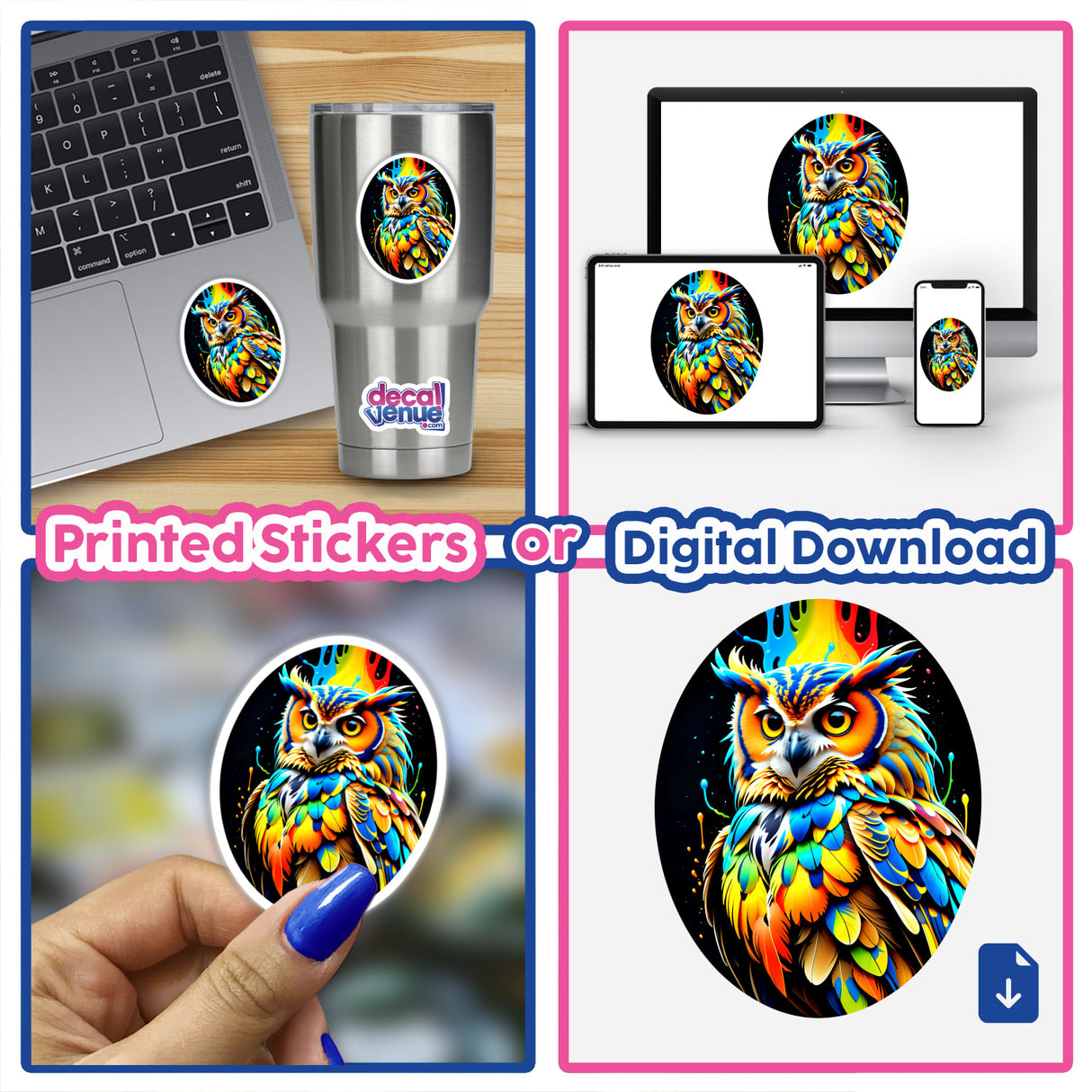 A collage featuring A Cool And Colorful Owl stickers and digital artwork, showcasing vibrant owl designs applied on various surfaces, including a laptop.