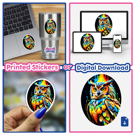 A collage featuring A Cool And Colorful Owl stickers and digital artwork, showcasing vibrant owl designs applied on various surfaces, including a laptop.