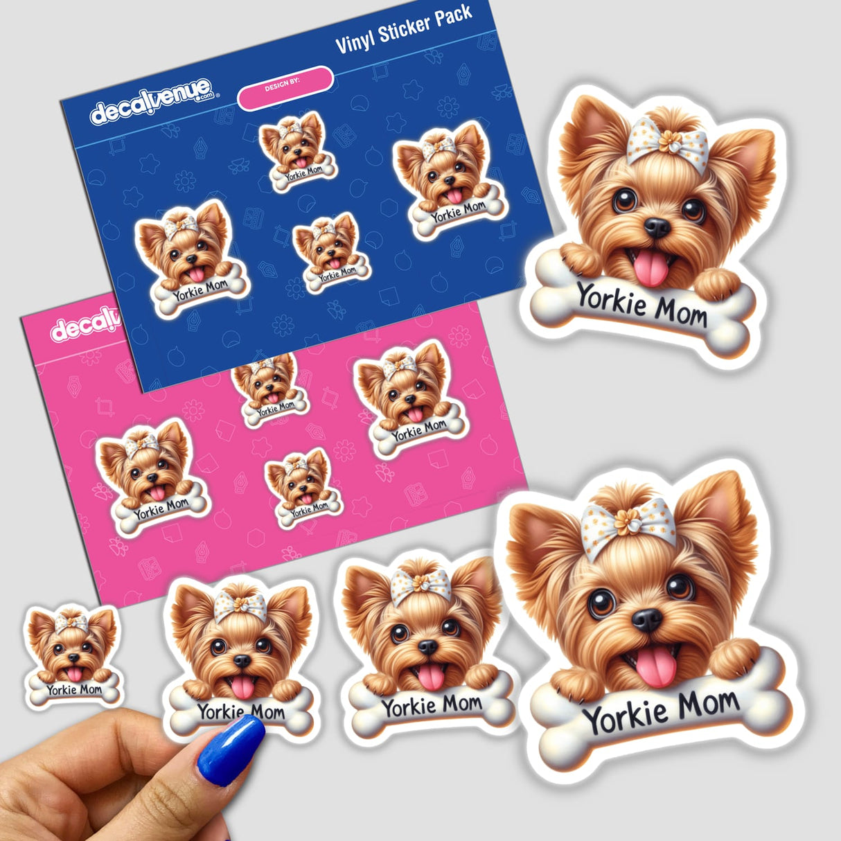 Adorable Yorkies featured in digital artwork stickers, with friendly expressions and colorful design elements. The stickers are part of a product assortment from Decal Venue, a Shopify store offering unique stickers and digital art created by talented designers.