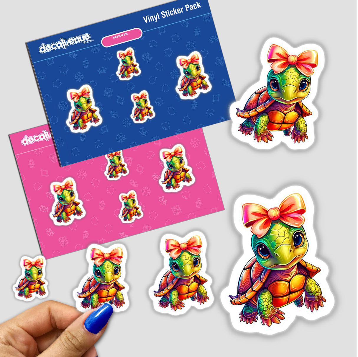 Baby turtle stickers featuring cartoon turtles with bows. Available as a sticker pack or digital artwork from Decal Venue.
