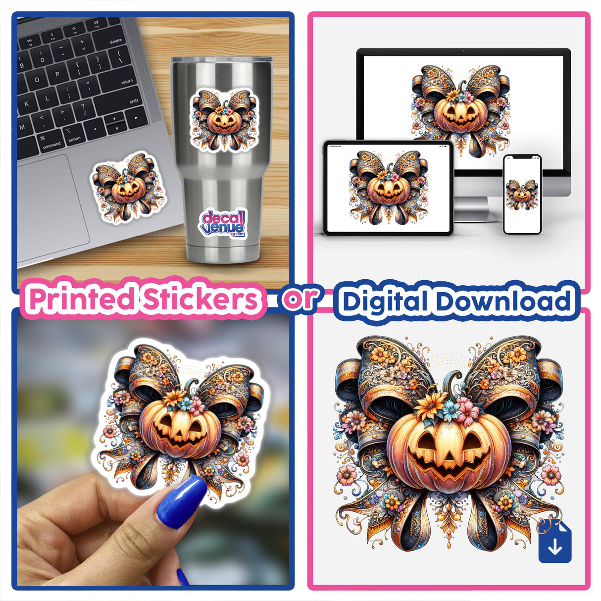 Floral Coquette Pumpkin Bow sticker collection, featuring pumpkins adorned with flowers and bows, with digital download options available.