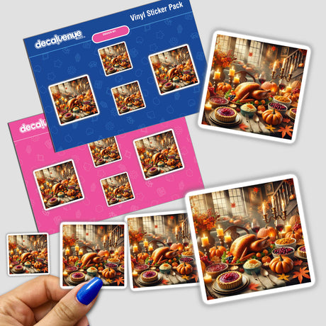Hand holding the Harvest Feast sticker pack featuring detailed illustrations of a bountiful table with traditional dishes.