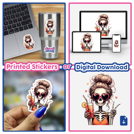 Spooky peace mama Halloween girl in orange - cute skeleton girl in fun, festive outfit available as printed stickers or digital download