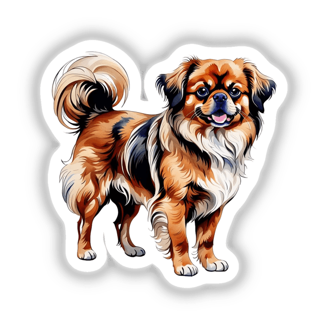 Tibetan Spaniel Dog Watercolor Clipart & Stickers – Commercial Rights; an illustration of a Tibetan Spaniel, shown in a detailed, artistic sketch style, available as stickers or digital artwork.
