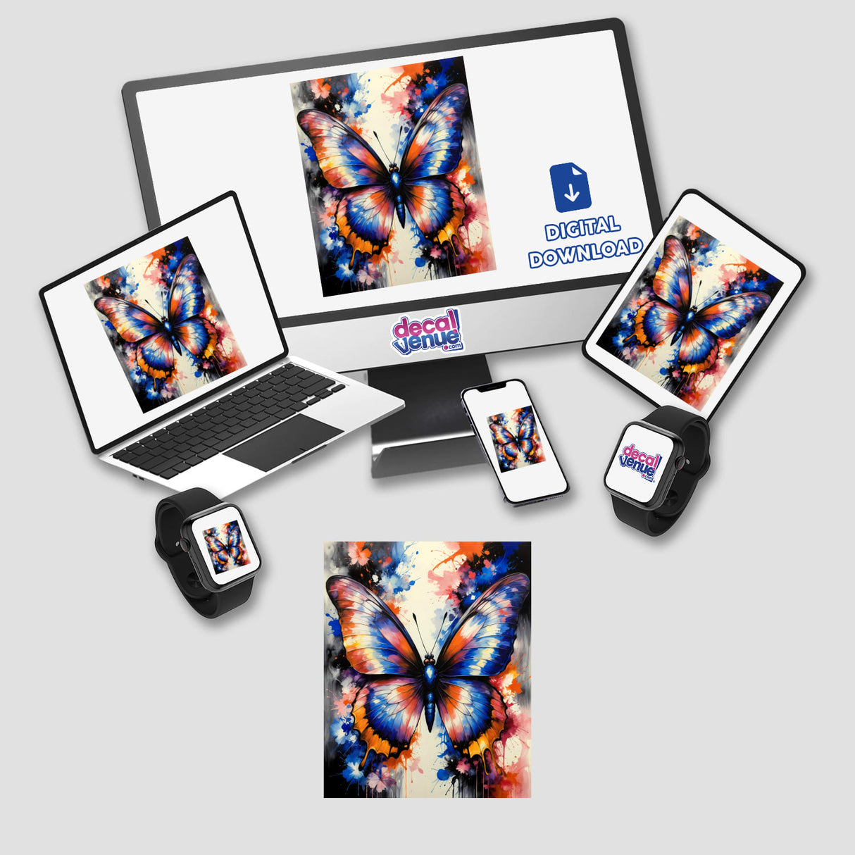 A Pretty Colorful Butterfly displayed on a computer monitor and laptop screens, available as stickers or digital artwork from Decal Venue, highlighting unique vinyl sticker designs and digital art options.