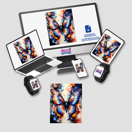 A Pretty Colorful Butterfly displayed on a computer monitor and laptop screens, available as stickers or digital artwork from Decal Venue, highlighting unique vinyl sticker designs and digital art options.