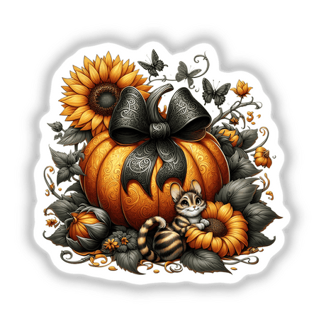 Kitty Cats, Sunflowers, and Pumpkins: A whimsical artwork featuring a cat holding a sunflower beside a pumpkin adorned with a bow and sunflowers. Available as stickers or digital artwork.