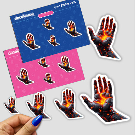 Molten Lava Human Hand stickers display a unique design of hands with lava-like elements, available as both stickers and digital artwork, reflecting Decal Venue's distinctive art style.