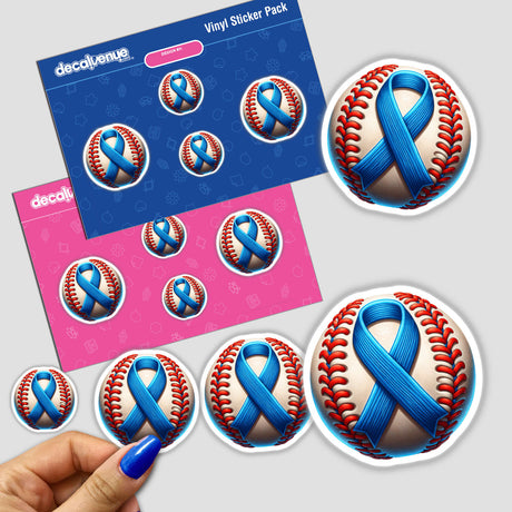 Baseball Blue Awareness Ribbon sticker featuring a baseball adorned with a blue ribbon design, available as a unique vinyl sticker or digital artwork from Decal Venue.