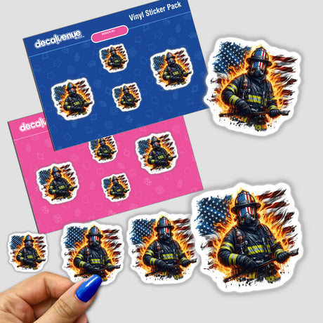 American Flames Firefighter stickers featuring detailed firefighter illustrations, available as physical stickers or digital art, showcasing firefighting gear and heroic poses.