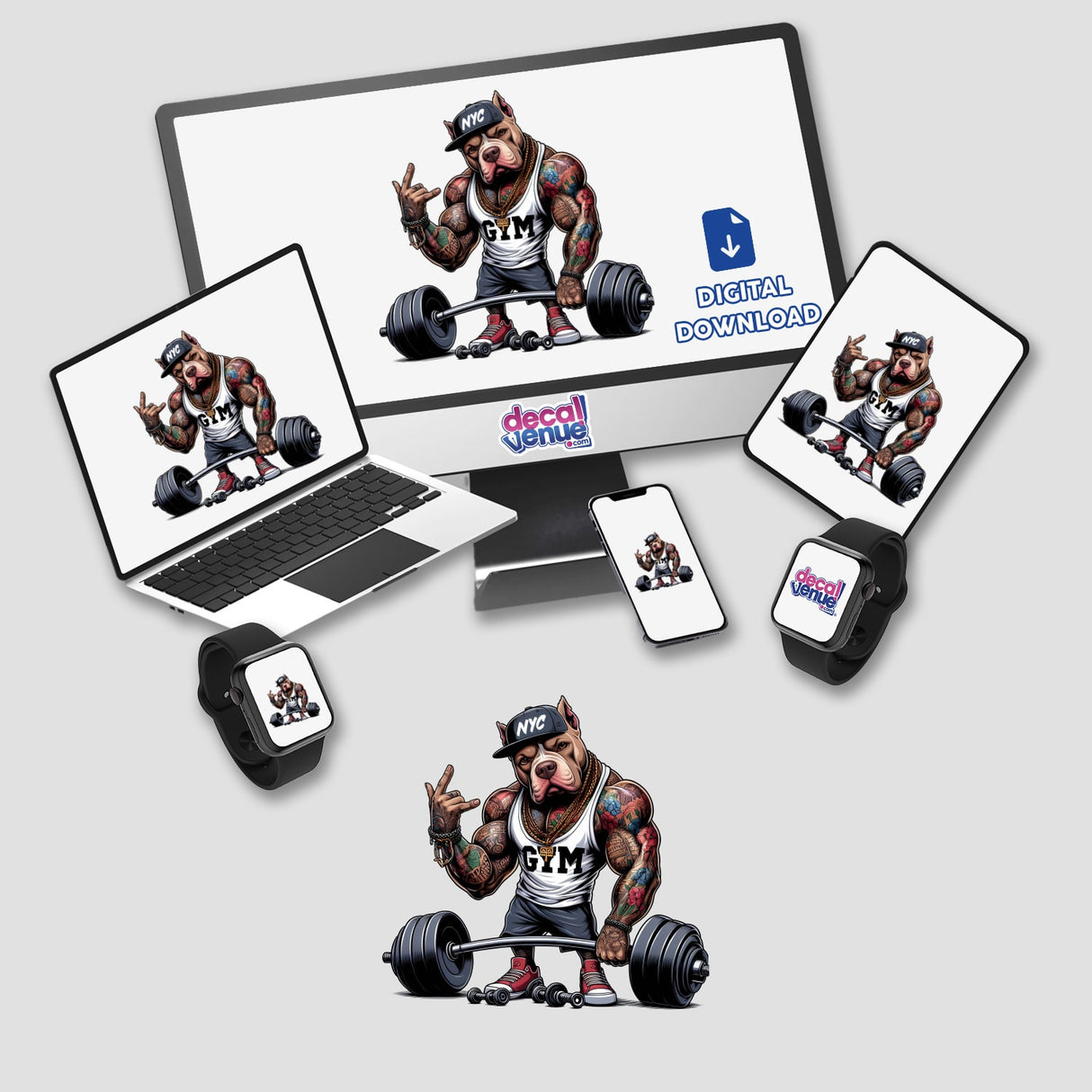 Pitbull Gym Bodybuilder Dog NYC digital artwork featuring a cartoon of a muscular dog lifting weights, displayed on various devices including a computer and laptop.