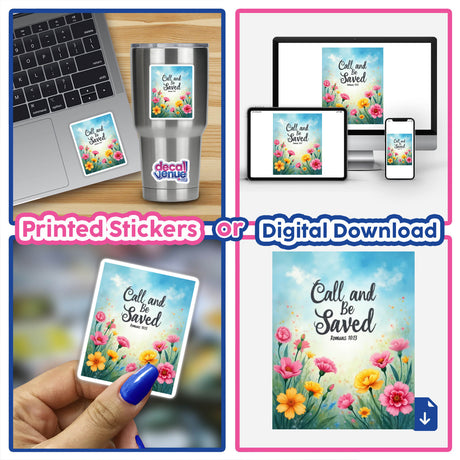 Fauvist Spring Freesia “Call and Be Saved” Romans 10:13 Sticker or Clipart, featuring a laptop adorned with a vibrant sticker and a card with floral elements, ideal for digital or print use.