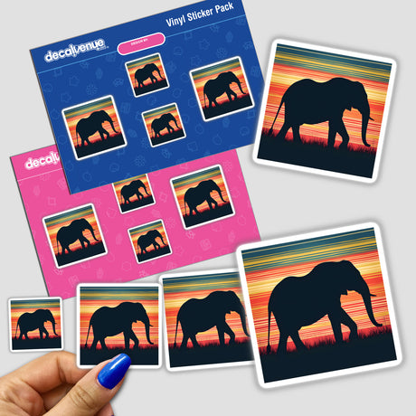 Elephant Silhouette with Vibrant Stripes: Stickers featuring an elephant silhouette with colorful, striped backgrounds, available as both physical stickers and digital artwork.