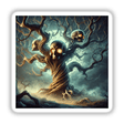 Skeleton Tree with Glowing Eyes Halloween: Illustrated tree with skulls and glowing eyes among branches, available as stickers or digital artwork.