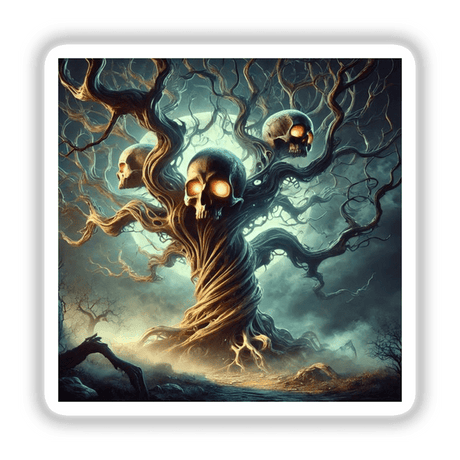 Skeleton Tree with Glowing Eyes Halloween: Illustrated tree with skulls and glowing eyes among branches, available as stickers or digital artwork.