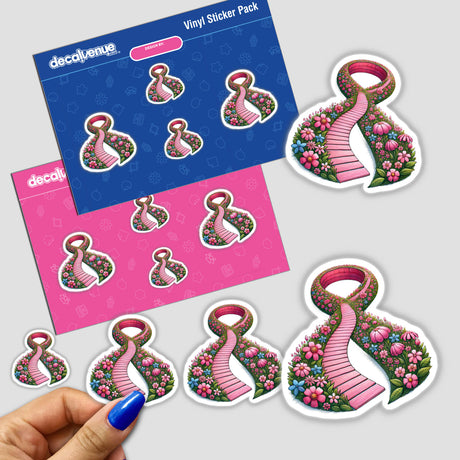 Pink Ribbon Pathway sticker features a charming floral pathway with flowers and a pink ribbon, perfect for crafting projects from DecalVenue.