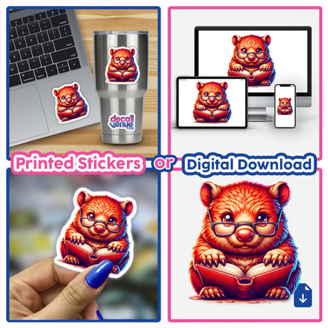 Collage featuring the Wombat With Reading Glasses Open Book sticker, showcasing various views, including the sticker on a laptop and close-ups of the cartoon wombat reading a book.