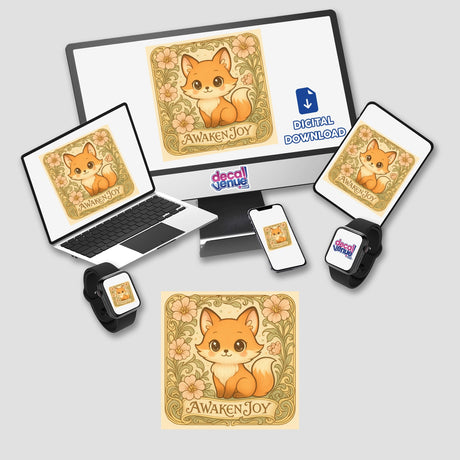 Awaken Joy Kawaii Art Nouveau Sticker or Clipart featuring an adorable fox in an uplifting, cute style, available as stickers or digital artwork with commercial rights from Decal Venue.