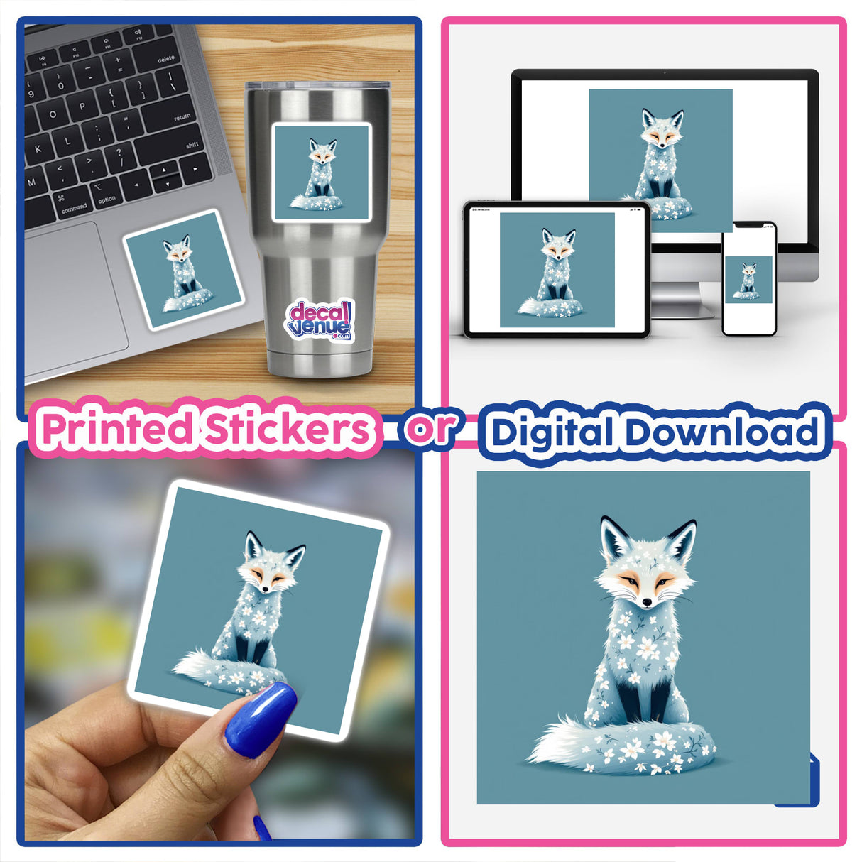 Chinoiserie Fox sticker on a laptop, showcasing intricate fox design adorned with flowers, available as a sticker or digital artwork. Ideal for personalizing devices with unique flair.