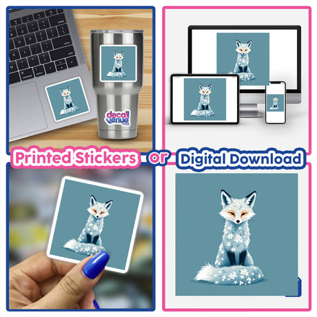 Chinoiserie Fox sticker on a laptop, showcasing intricate fox design adorned with flowers, available as a sticker or digital artwork. Ideal for personalizing devices with unique flair.