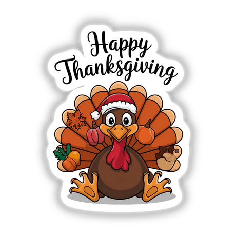 Happy Thanksgiving Turkey Bird III: A cartoon turkey wearing a hat surrounded by pumpkins and vegetables, available as stickers or digital artwork. Ideal for festive, creative decorations.