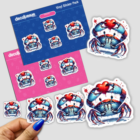 Watercolor Blue Crab Holding Heart sticker featuring a blue crab clutching a red heart, showcasing vibrant marine life artistry. Ideal for personalizing belongings or as digital wall art.