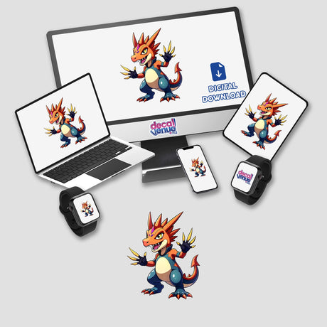 Dino Fighter - Cretaceous Crusher displayed on a computer monitor and laptop screen, showcasing a cartoon dragon. Available as stickers or digital artwork from Decal Venue.