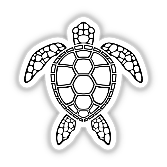 Black Outline Sea Turtle Design featuring intricate black and white patterns, available as vinyl stickers or digital artwork from Decal Venue, showcasing unique, artistic turtle imagery.
