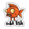 Odd Fish Quirky Funny Orange Goldfish Cartoon: An animated clipart of a humorous goldfish with exaggerated features, available as stickers or digital artwork from Decal Venue.