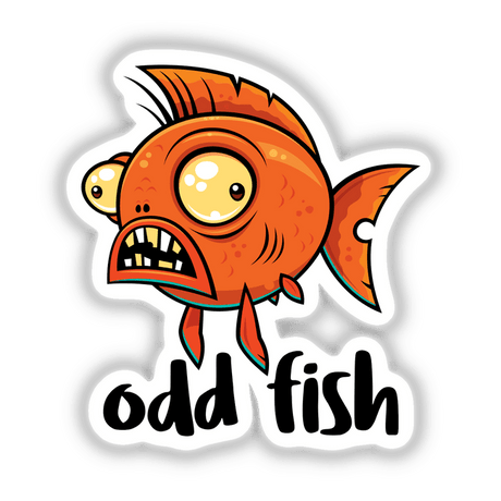 Odd Fish Quirky Funny Orange Goldfish Cartoon: An animated clipart of a humorous goldfish with exaggerated features, available as stickers or digital artwork from Decal Venue.