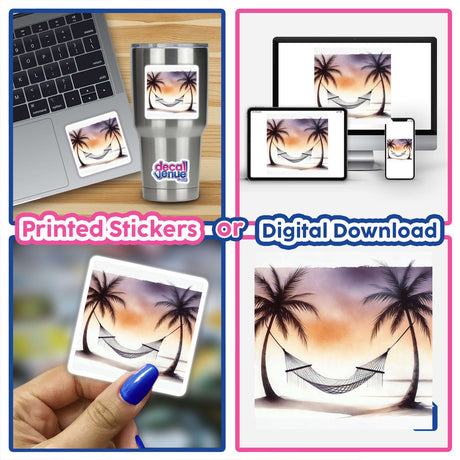 Collage featuring Hammock Retreat - Peaceful Boho Watercolor Art, showcasing serene palm trees, hammocks, a laptop, and painting nails, available as stickers or digital artwork.