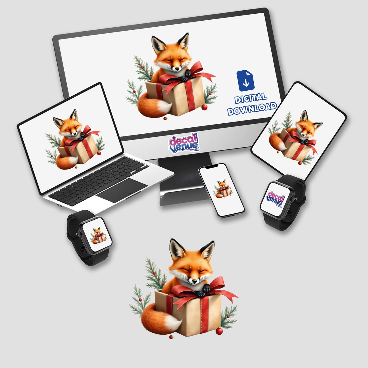 Fox in Christmas Present Box displayed on a computer monitor and laptop, showcasing cartoon fox imagery available as stickers or digital artwork from Decal Venue.
