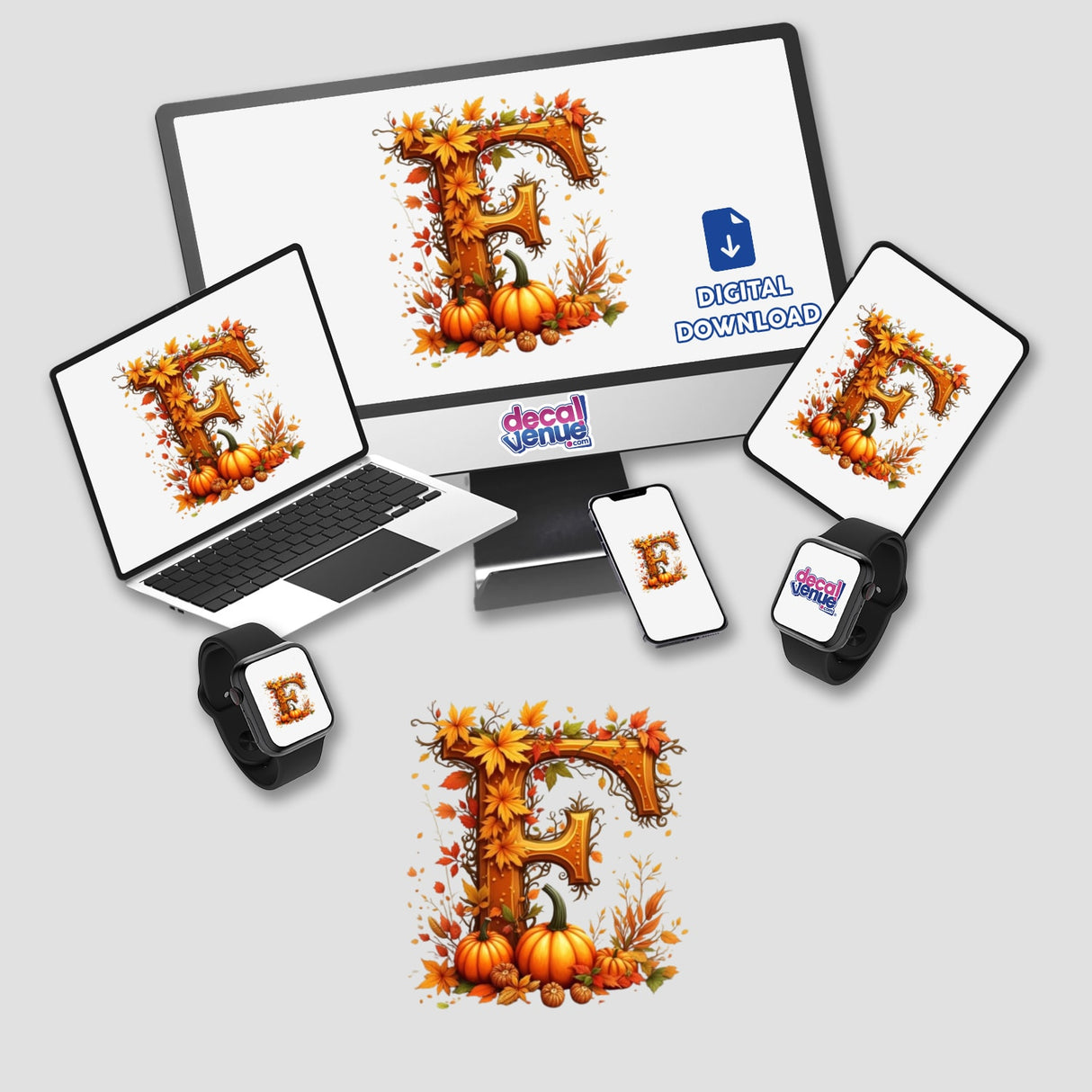Fall Aesthetic Letter F Clipart | Stickers or Download with Commercial Rights, featuring a computer and laptop displaying fall leaves, pumpkins, and the letter F.