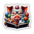 Pig Reading a Book with Glasses and Sports Balls: A whimsical sticker or digital art featuring a pig in glasses reading, surrounded by various sports balls, perfect for creative spaces.