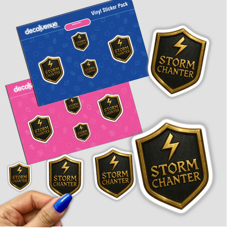 Storm Chanter – RPG-Style Skill Badge featuring a bold Gold & Gray Thunder Crest, available as stickers or digital artwork, showcasing intricate detail suitable for unique vinyl collections or digital art lovers.